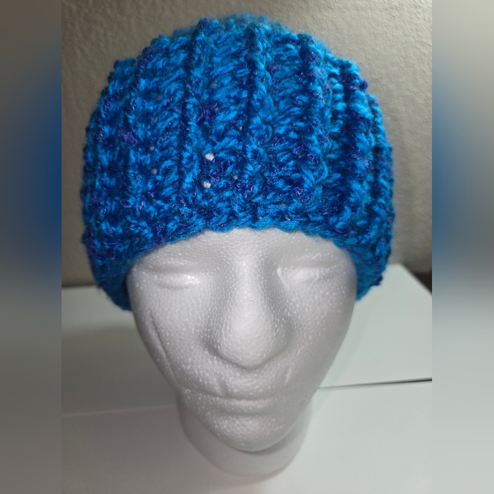 Handmade Blue Knit Beanie L/XL